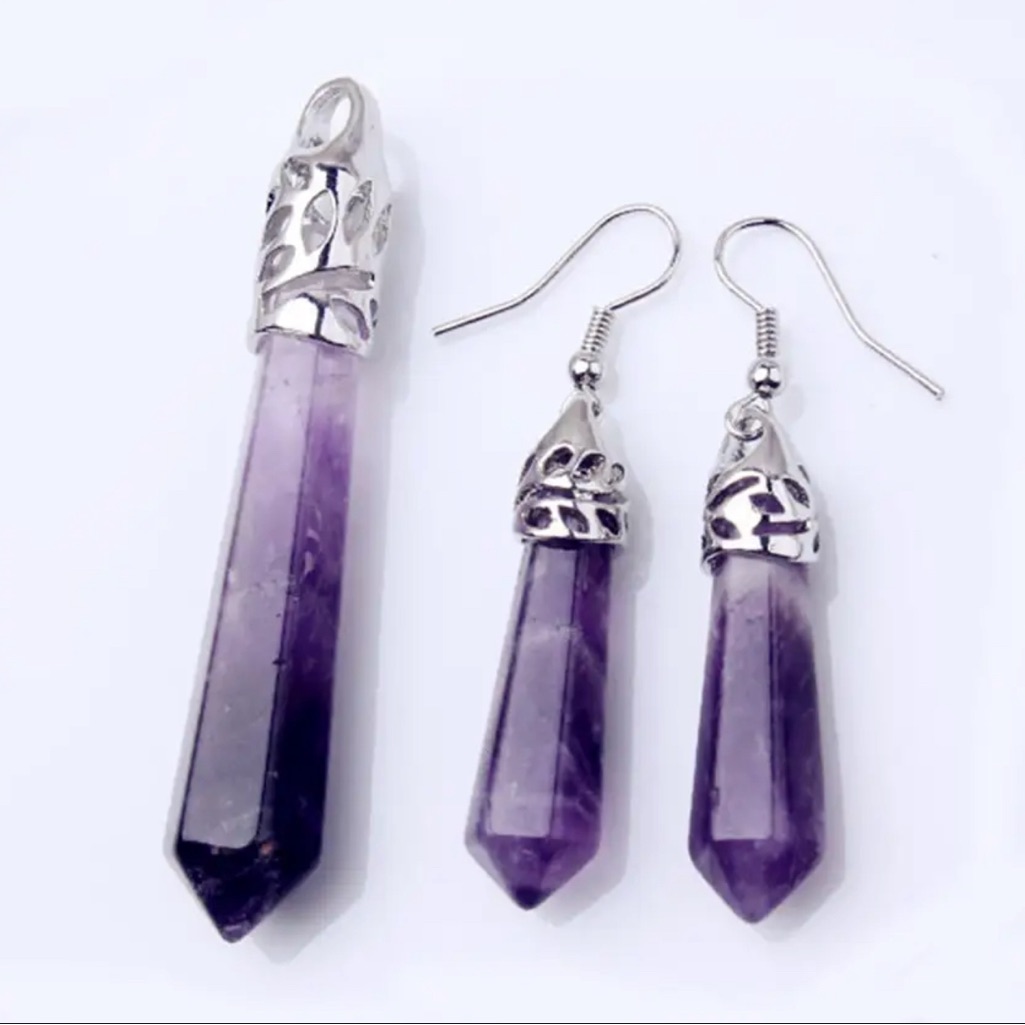 Natural Amethyst Pendant And Earrings Set